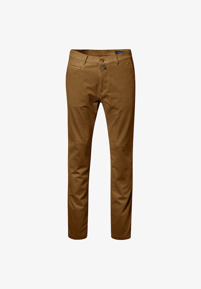 Brown corduroy trousers featuring a straight-leg design, zip fly, front pockets, and tonal stitching. Smooth texture with ribbed patterns.