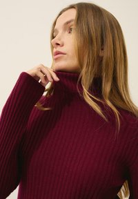 Burgundy ribbetty turtleneck-paita, jossa on tiukka muotoilu. Teksturoidusta kankaasta koottuja yksityiskohtia kaulan ja ranteiden ympärillä, ja siinä on korkea kaulus.