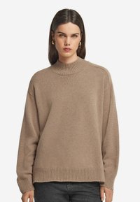 Beige Strickpullover mit hohem Rippkragen, lockerer Passform und gerippten Bündchen. Weiche Textur, minimale Nähte und keine Verzierungen.