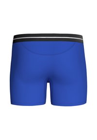 Blaue Sportshorts mit einem schwarzen und grauen elastischen Bund. Glatte Textur, enganliegendes Design, keine sichtbaren Muster oder Akzente.