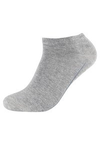 Grå ankelstrømper lavet af et glat, strikket stof. Har en ribbet cuff og en rund tå. Lyseblå accentlinje langs siden.