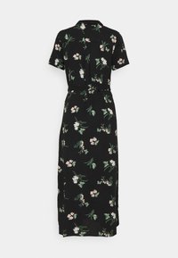 Robe midi noire à manches courtes avec col, ceinture en tissu et motif floral en rose clair, blanc et feuilles vertes.
