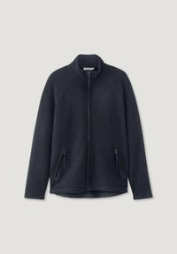 Dunkelblaues Fleecejacke mit Stehkragen, durchgehendem Reißverschluss und zwei seitlichen Reißverschlusstaschen. Sie hat Raglanärmel und eine weiche Textur.