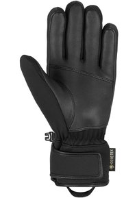 Schwarze Lederhandschuhe mit strukturiertem Finish, fünf Fingern, elastischem Handgelenkbund und einem Velcro-Riemen für einen sicheren Sitz.