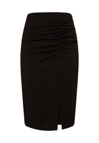 Zwarte bodycon rok van rekbare stof, met zijruches en een hoge split tot aan de dij voor een gemakkelijke beweging.