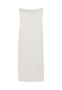 Robe blanche sans manches avec un subtil motif texturé en forme de feuille, de coupe droite et mi-longue. Fabriquée en tissu léger.
