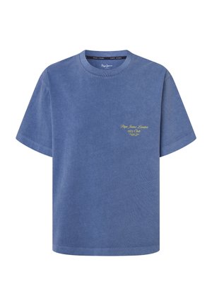 Niebieska bawełniana koszulka z krótkimi rękawami, okrągłym dekoltem oraz haftowanym żółtym logo na lewej piersi. Miękka w dotyku, o casualowym kroju.