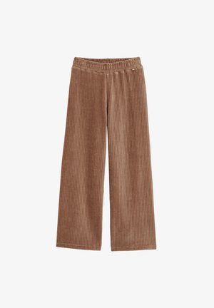 Ruskeat leveälahkeiset housut, jotka on valmistettu ribbikankaisesta corduroysta. Ominaisuuksiin kuuluvat joustava vyötärö ja suora siluetti pehmeällä tekstuurilla.