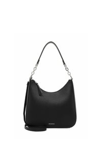 Schwarze Handtasche aus genarbtem Leder mit geschwungener Form, kurzem Griff und abnehmbarem langen Riemen. Mit silbernen Beschlägen und Reißverschluss.