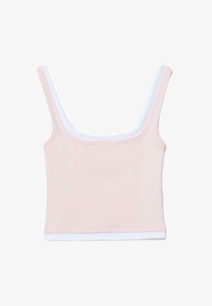 Drei ärmellose, bauchfreie Tanktops in Hellrosa, Weiß und Beige mit quadratischen Ausschnitten, auf einem weißen Hintergrund gestapelt.