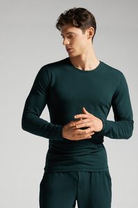 Dunkelgrünes langärmeliges Shirt in einem glatten, taillierten Design. Weicher Stoff, Rundhalsausschnitt und minimale Nähte für ein elegantes Erscheinungsbild.
