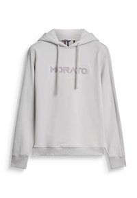 Sudadera gris claro hecha de un tejido suave, con un bolsillo tipo canguro en la parte frontal, capucha con cordón y el logo bordado "MORATO" en un tono más oscuro.