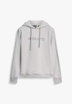 Lichtgrijze hoodie gemaakt van zacht materiaal, met een voorste kangoeroezak, een capuchon met trekkoord en het geborduurde "MORATO"-logo in een donkerdere tint.