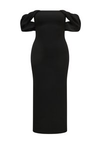 Mustapuku off-shoulder midi-mekko puffeilla hihoilla ja vartalonmyötäisellä siluetilla, esitetty yksinkertaisella valkoisella taustalla.