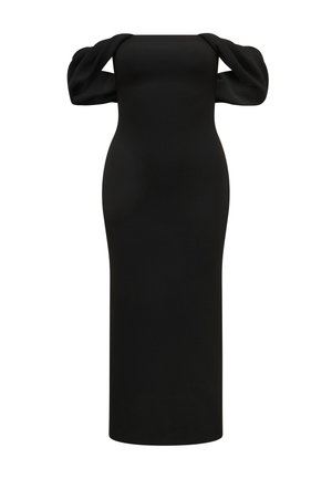 Schwarzes schulterfreies Midikleid mit Puffärmeln und taillierter Silhouette, präsentiert auf einem schlichten weißen Hintergrund.