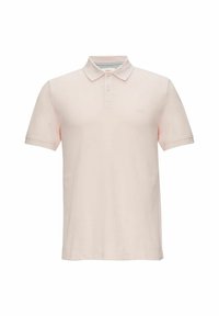 Helles rosa Poloshirt mit kurzen Ärmeln, zwei Knöpfen und einem Kragen, präsentiert vor einem schlichten weißen Hintergrund.