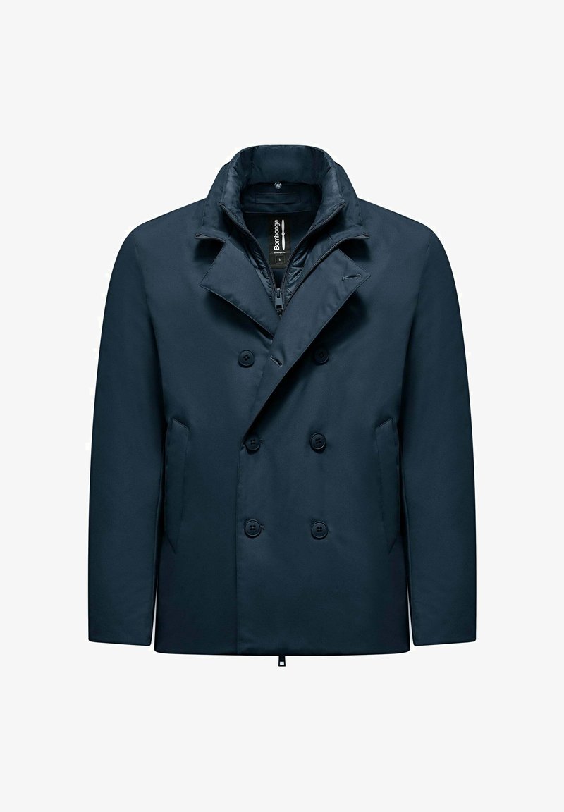 Cappotto doppiopetto blu navy con ampio colletto, dettagli con bottoni e chiusura con zip. Texture liscia, dotato di tasche laterali e design moderno.