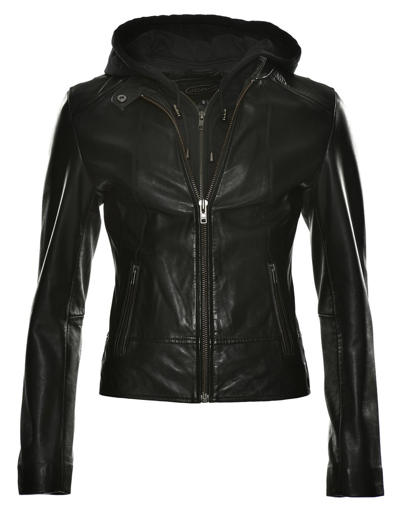 Black leather jacket with a zip front, featuring a hood. Smooth texture, fitted design, and two side zip pockets.
