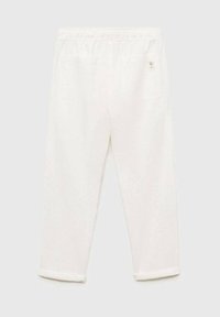 White, cropped cotton trousers with an elastic waistband, two back pockets, and rolled hems. Soft texture with a smooth finish.