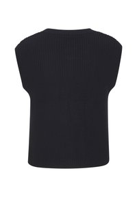 Schwarzes, gestricktes, ärmelloses Top mit ribbeliger Textur und rundem Ausschnitt. Einfaches Design ohne zusätzliche Muster oder Akzente.