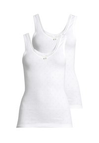 Due canottiere in cotone bianco con scollo a barca, motivi floreali ricamati e bordi decorativi in pizzo.