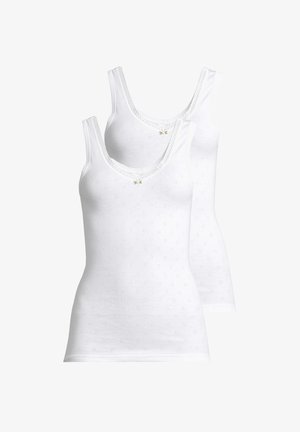 Two white cotton tank tops with a scoop neckline, embroidered flower patterns, and decorative lace trim along the edges.
