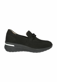 Fekete velúr slip-on cipők díszes csomóval az elején, párnázott talppal és finom ezüst díszítéssel a sarkon.