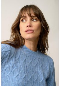 Jasnoniebieski sweter z dzianiny z teksturowanym wzorem w warkocz i okrągłym dekoltem, wykonany z miękkiego, puszystego materiału.