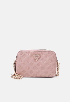 Light pink synthetic leather crossbody bag with embossed floral pattern, golden logo hardware, and a chain strap. Zipper closure at top.