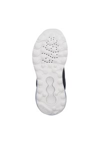 Bílá kaučuková podešev s texturovaným povrchem, který obsahuje kruhové a oválné vzory. Černý svrchní materiál se hladkým povrchem.