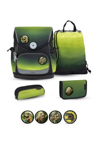 Green and black gradient schoolbag set with dinosaur badges, including backpack, drawstring bag, pencil case, wallet, and four interchangeable pins.
