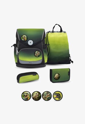 Green and black gradient schoolbag set with dinosaur badges, including backpack, drawstring bag, pencil case, wallet, and four interchangeable pins.