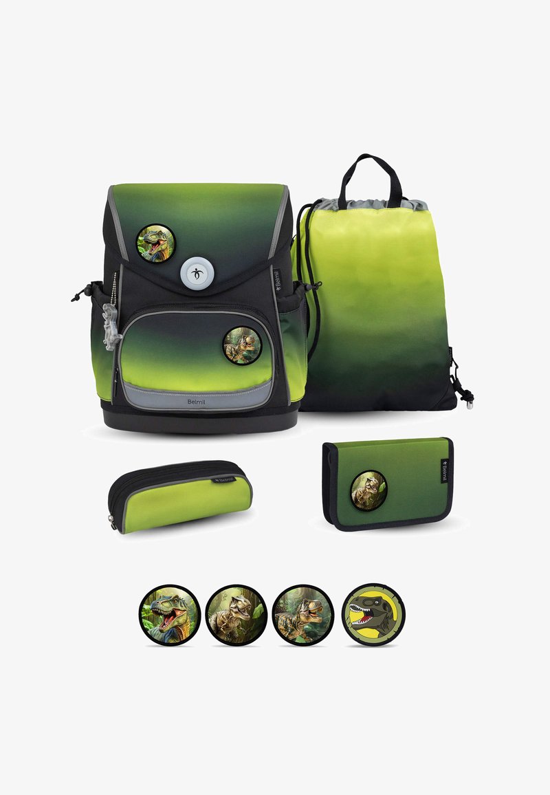 Green and black gradient schoolbag set with dinosaur badges, including backpack, drawstring bag, pencil case, wallet, and four interchangeable pins.