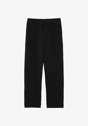 Pantaloni in velluto a coste neri con una silhouette a gamba dritta, caratterizzati da pieghe frontali e orlo con risvolto. Tessuto strutturato e vita sagomata.