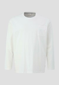 Weißes Langarm-T-Shirt aus Baumwolle. Hat einen Rundhalsausschnitt und eine Brusttasche auf der linken Seite. Weicher Stoff, lässiges Design.