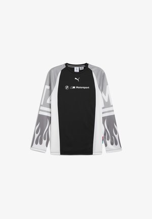 Camiseta de manga larga negra con acentos grises, patrones de llamas en las mangas y logotipos de Puma y BMW Motorsport. Hecha de una tela transpirable.