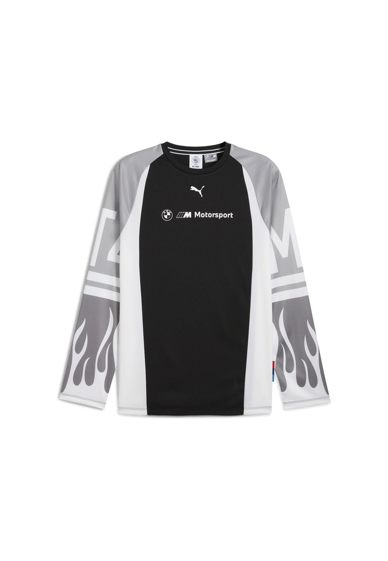 Cămașă neagră cu mâneci lungi și accente gri, cu modele de flăcări pe mâneci și logo-uri pentru Puma și BMW Motorsport. Fabrică din material respirabil.