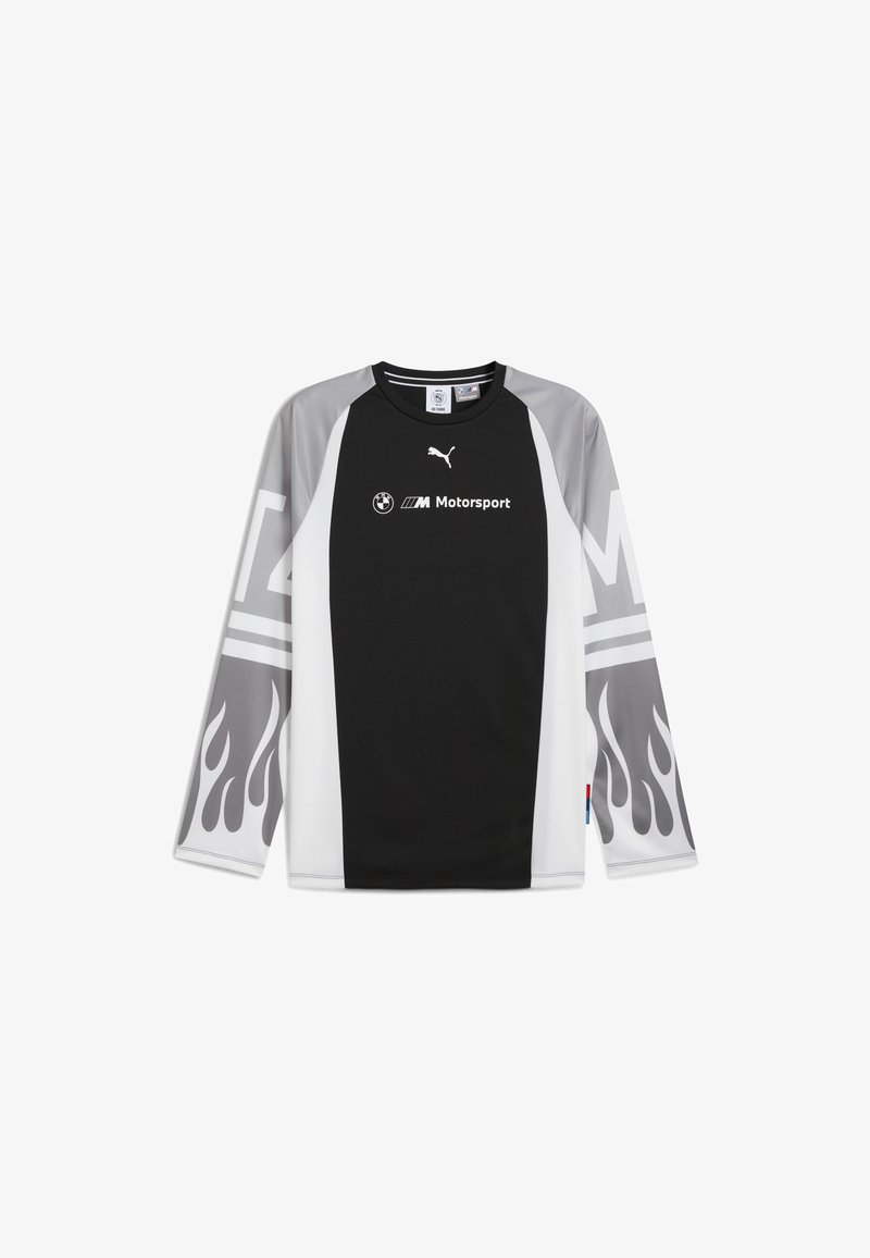 Czarna koszula z długim rękawem z szarymi akcentami, z flame'owymi wzorami na rękawach oraz logotypami Puma i BMW Motorsport. Wykonana z oddychającego materiału.