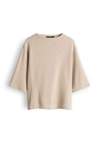 Beiges Kurzarmtop mit rundem Halsausschnitt, gefertigt aus weichem Stoff. Verfügt über eine lockere Passform und dezente Seitennähte für ein modernes Design.