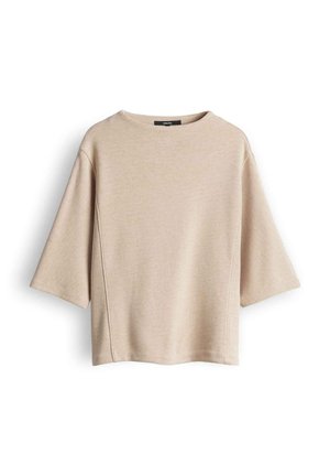 Top beige a maniche corte con scollo rotondo, realizzato in tessuto morbido. Presenta una vestibilità comoda e cuciture laterali sottili per un design contemporaneo.