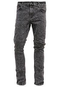Faded black denim jeans with a slim fit, featuring five pockets, belt loops, and subtle whiskering patterns for texture.