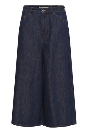 Donkerblauwe wijde denim culottes met voorste knoop, ritssluiting, riemlussen en voorzakken.