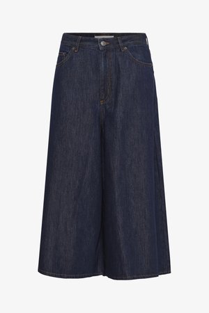 Tmavomodré široké denimové culottes s predným gombíkom, zipsom, pútkami na opasok a prednými vreckami.