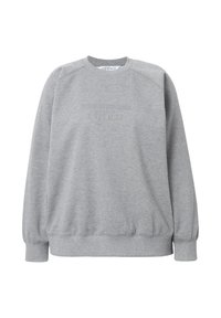 Sweat-shirt gris clair à col rond avec poignets et ourlet côtelés, texte de logo discret en relief sur la poitrine.