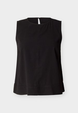 Μαύρο αμάνικο μπλουζάκι με στρογγυλή λαιμόκοψη και μικρό κουμπί στο πίσω μέρος, απλωμένο επίπεδα σε λευκό φόντο.