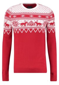 Maglione natalizio rosso e bianco con renne, fiocchi di neve e motivi geometrici sul petto e sulle spalle.