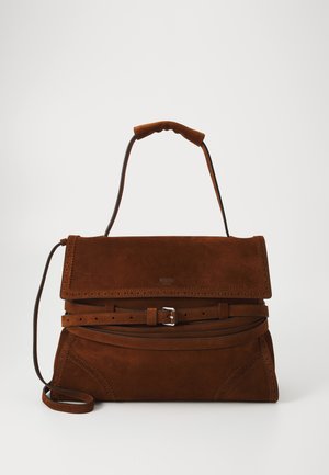 Brown suede handbag with a structured shape, featuring a top handle, adjustable strap, belt detail, and decorative perforated accents.