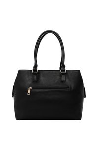 Borsa a tracolla nera in ecopelle con due manici robusti, una tasca anteriore con zip e una finitura liscia e testurizzata. Forma rettangolare compatta.