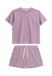 Fioletowy zestaw piżamowy składający się z koszulki z krótkim rękawem i szortów, ozdobiony małymi białymi wzorami kwiatowymi. Wykonany z miękkiego materiału bawełnianego.