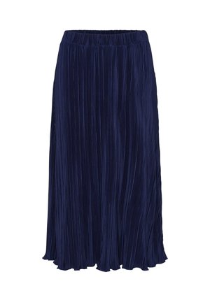 Jupe plissée bleue marine avec une ceinture élastique, présentant une coupe fluide et un tissu texturé qui met en valeur des lignes verticales tout au long.